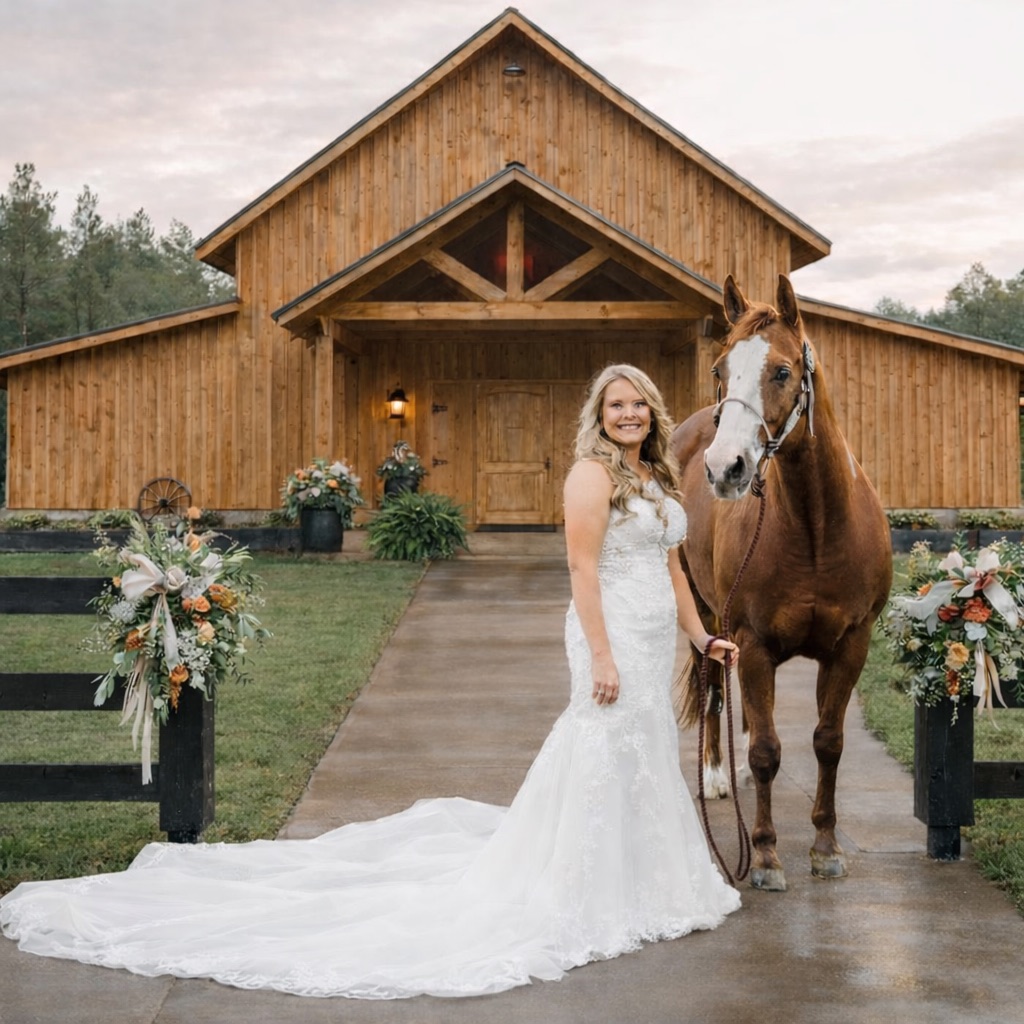 Bride with a horse on the floral-lined walkway at the Grant Gables barn entrance